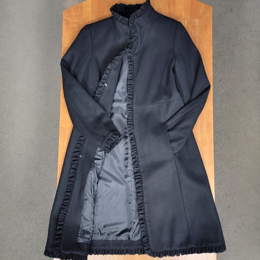 Women's Centigrade Stylish Black Wool Blend Ruffle Overcoat - XS - Picture 5 of 14